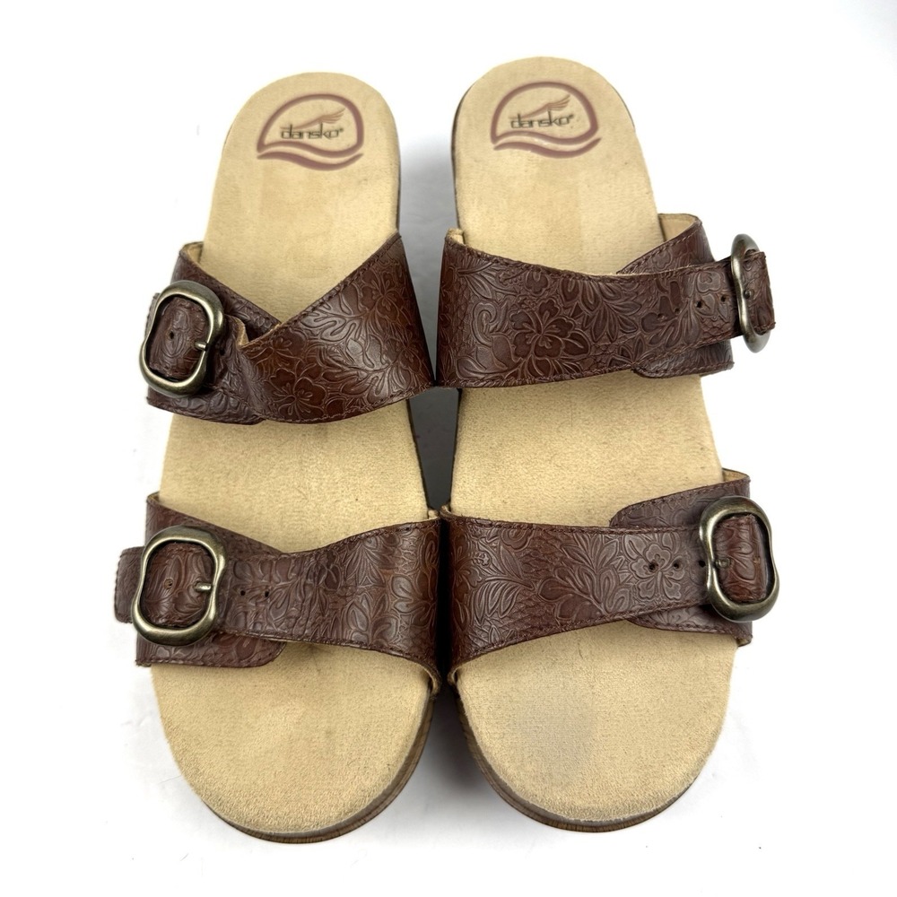 Dansko Sophie Sandals 41 Brown Leather Tooled Cottagecore‎ Hands Free Shoes